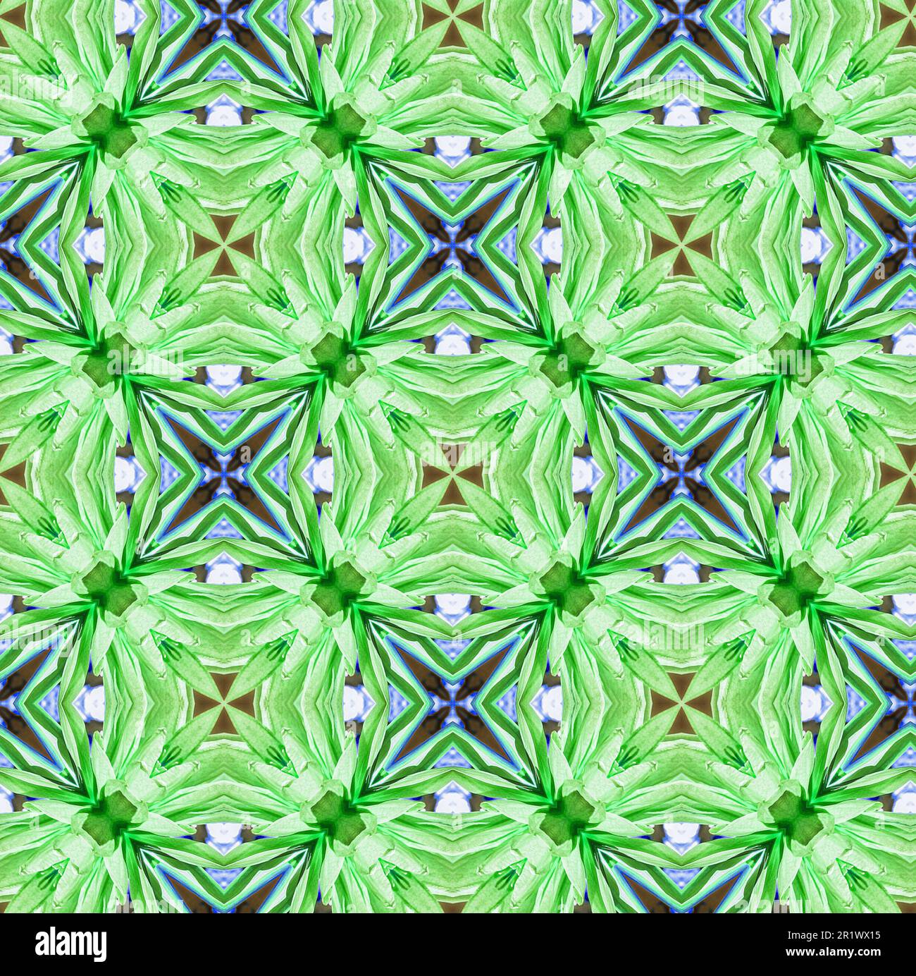 Seamless design painterly abstract pattern with organic flower petal motifs in geometric repeating design in green and blue. Stock Photo