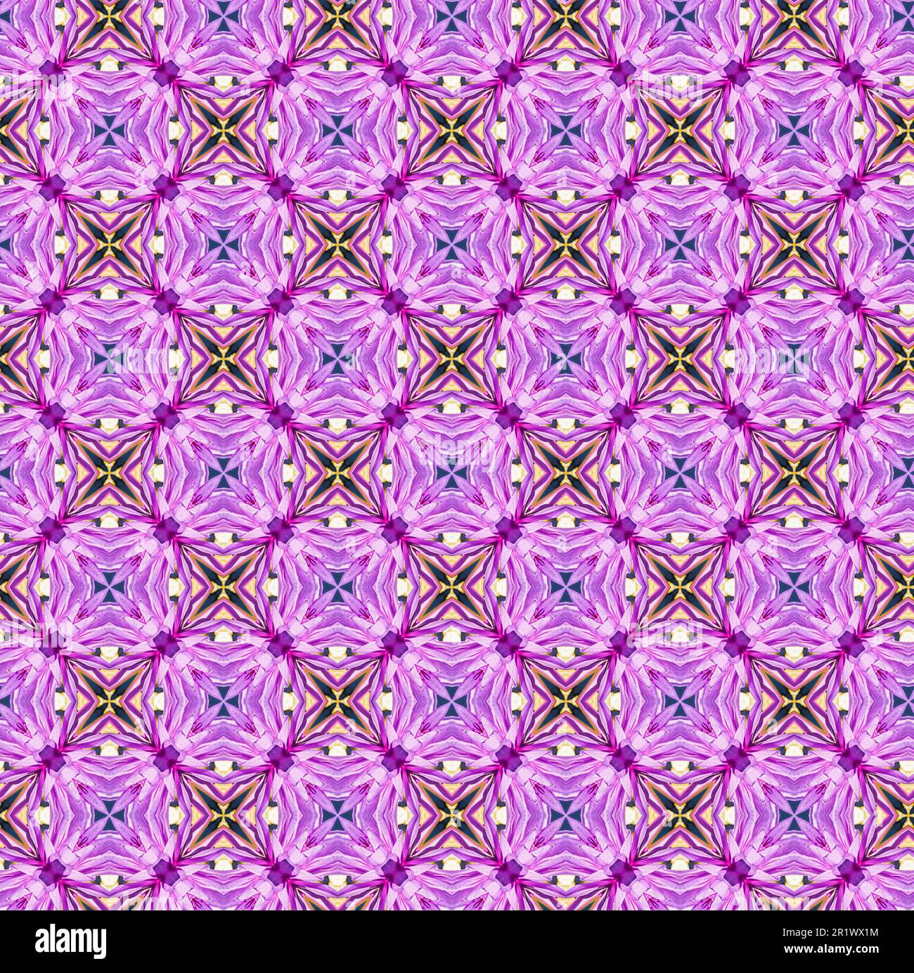 Painterly abstract seamless pattern with organic flower petal motifs in pink and purple geometric repeating design. Stock Photo