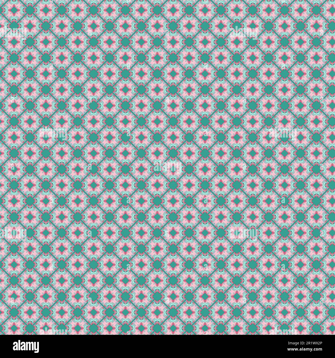 Small round geometric shapes with floral motif for spring summer seamless repeating pattern in pastel pink and aqua turquoise abstract background Stock Photo