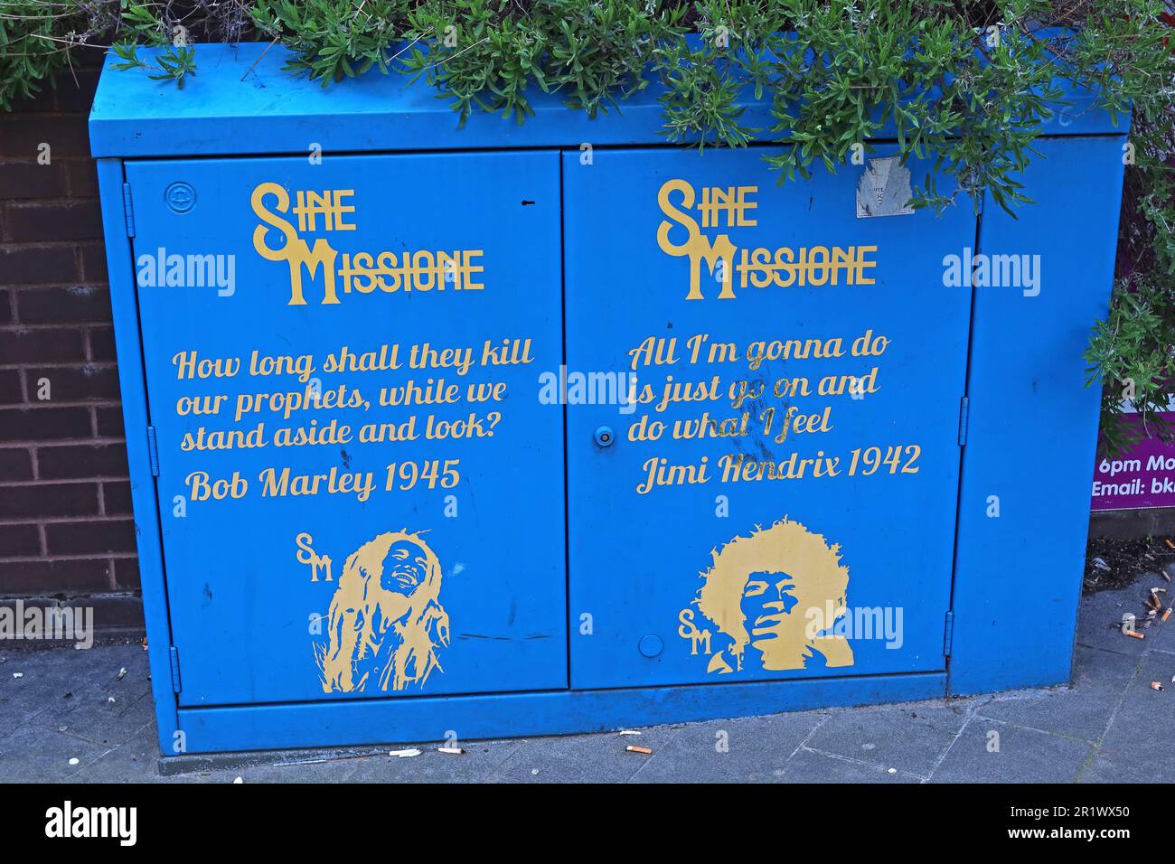Decorated BT fibre telecom cabinets - Sine Missione - Bob Marley 1945 & Jimi Hendrix 1942,Tithebarn St, Liverpool , Merseyside, England, UK, L2 2LZ Stock Photo