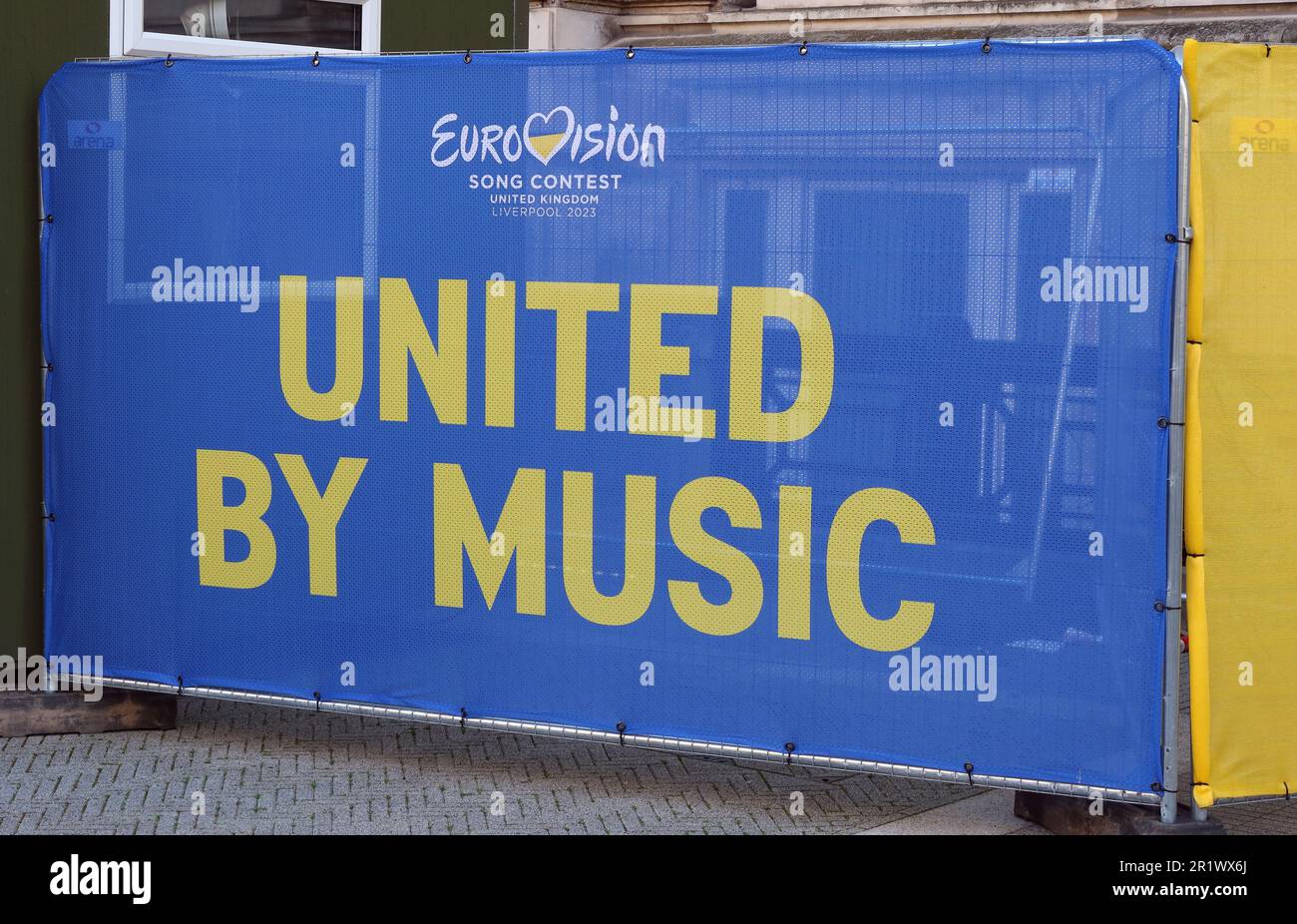 Eurovision 2023, Ukraine Flag - yellow and blue - United By Music - Liverpool city centre, Merseyside, England, UK, L3 1BP Stock Photo