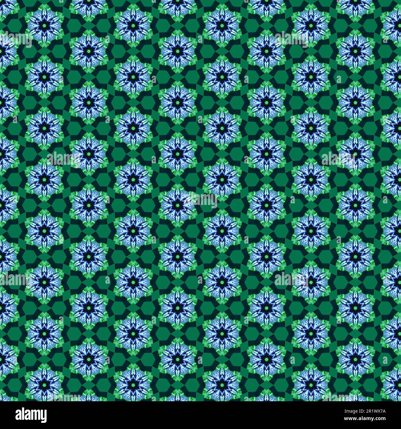 Green and blue spring summer floral seamless pattern repeating geometric and organic motif design elements, abstract background. Stock Photo