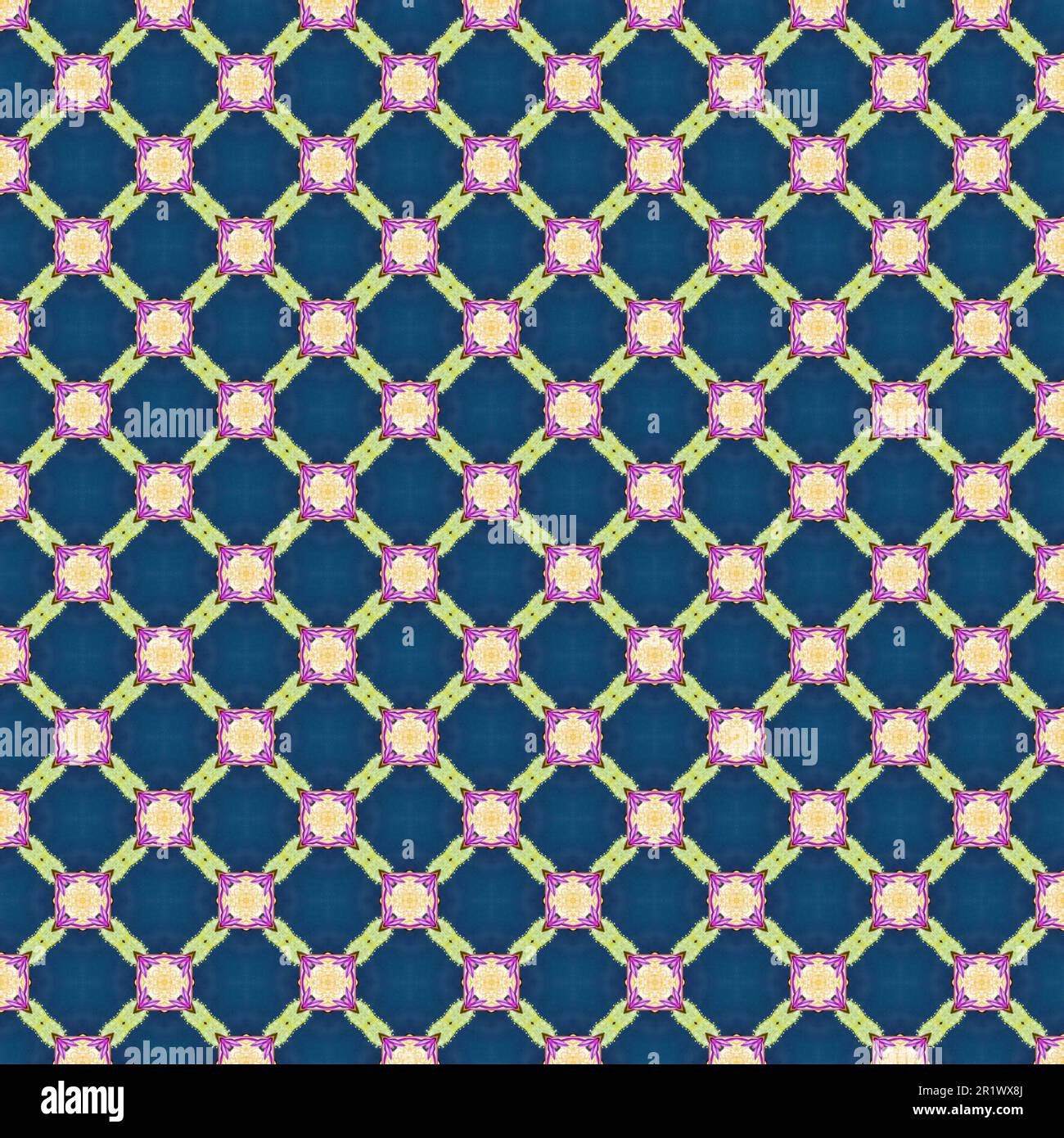 Geometric seamless pattern repeating lattice motif design in blue green pink purple and gold abstract background. Stock Photo