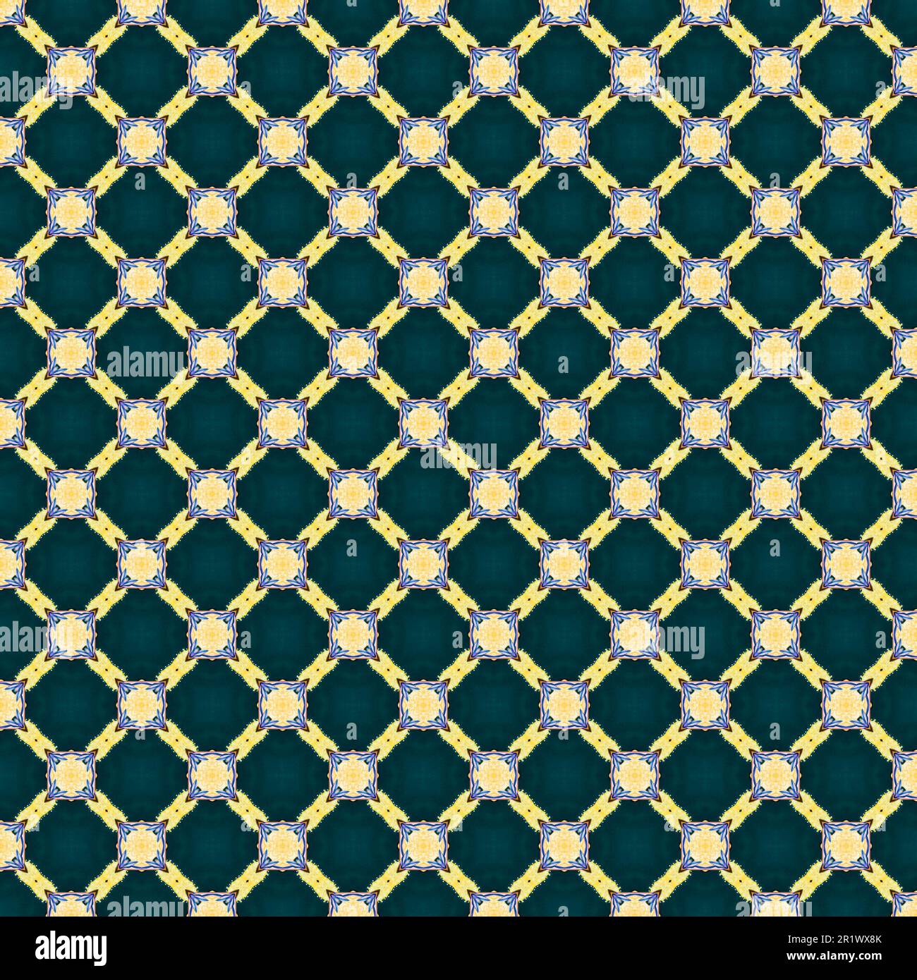 Geometric seamless pattern repeating lattice motif digital art design in yellow and green. Abstract background wallpaper. Stock Photo