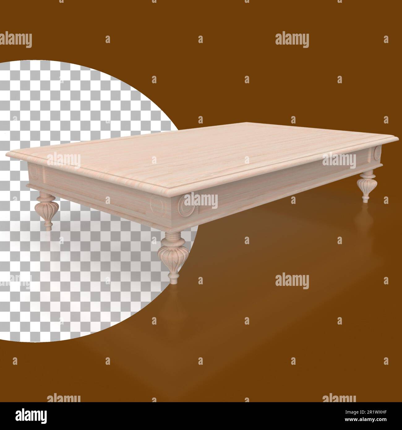 Perspective view low wooden coffee table on transparent background. Stock Photo