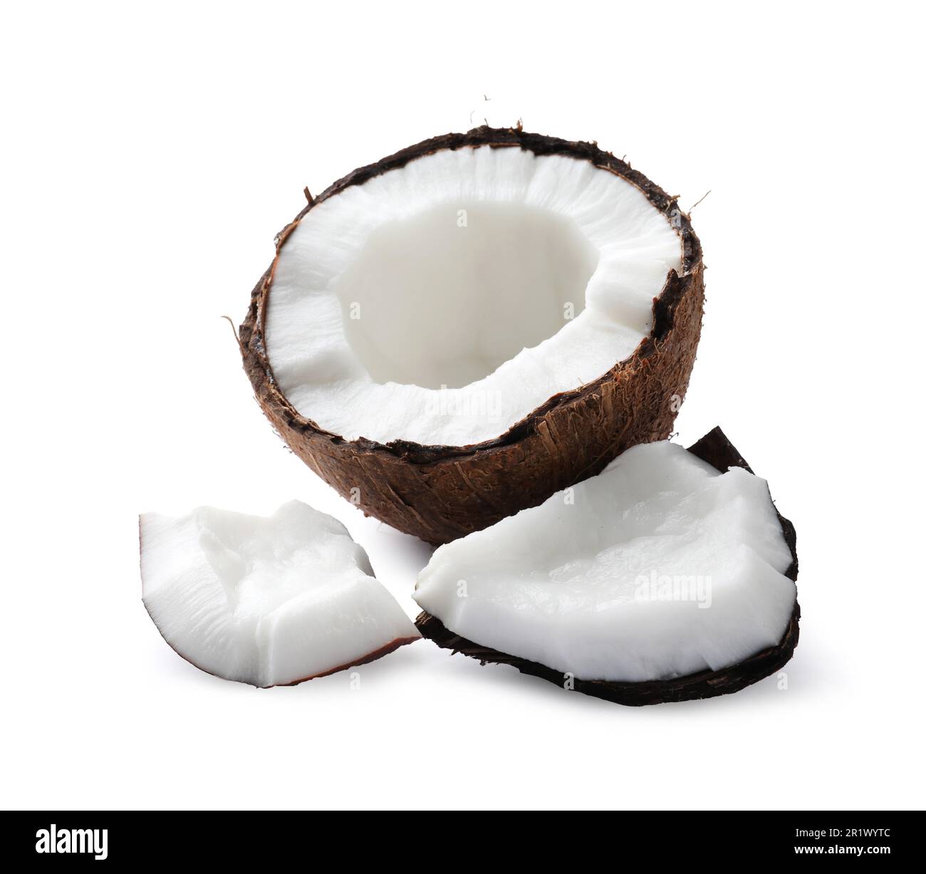 Fresh ripe broken coconut on white background Stock Photo Alamy