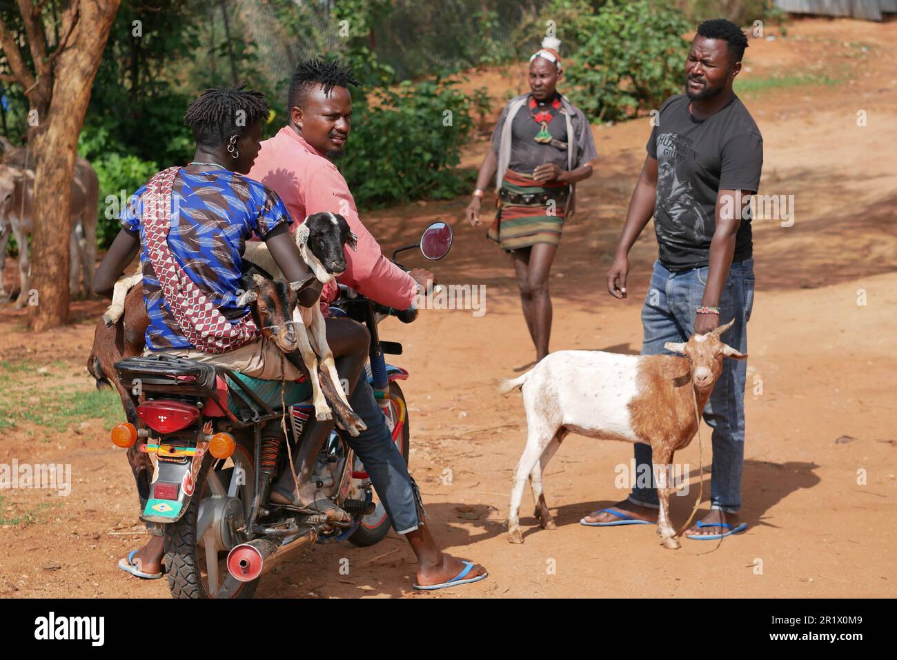 Omo Valley, Ethiopia â€“ 11.19.2022: tribes people trading goats in a weekly market Stock Photo