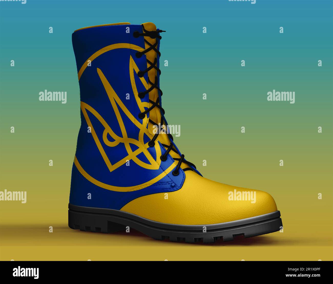 Heroic concept of boot mockup with Ukraine flag for spirit freedom. Stock Photo