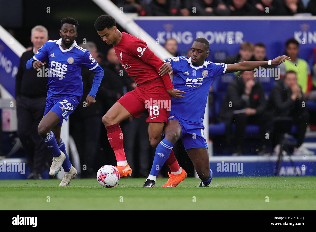 Leicester, UK. 15th May 2023. Boubakary Soumare of Leicester City challenges Cody Gakpo of Liverpool during the Premier League match between Leicester City and Liverpool at the King Power Stadium, Leicester on Monday 15th May 2023. (Photo: James Holyoak | MI News) Credit: MI News & Sport /Alamy Live News Stock Photo