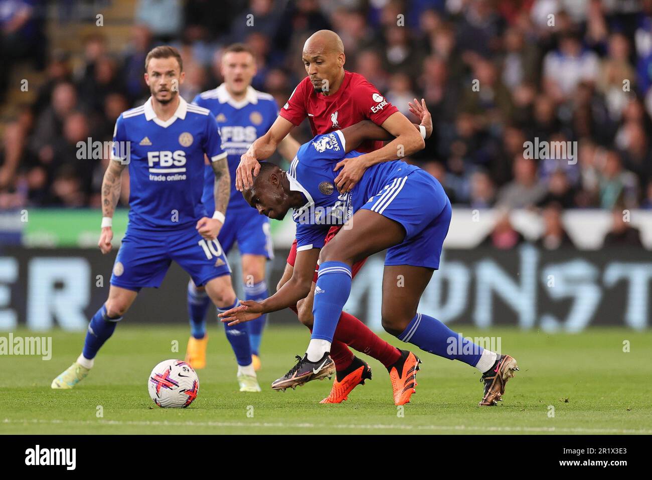 Leicester, UK. 15th May 2023. Boubakary Soumare of Leicester City and Fabinho of Liverpool clash during the Premier League match between Leicester City and Liverpool at the King Power Stadium, Leicester on Monday 15th May 2023. (Photo: James Holyoak | MI News) Credit: MI News & Sport /Alamy Live News Stock Photo