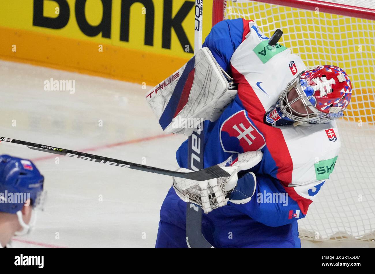 Riga, Latvia. 15th May, 2023. Slovakia's goalkeeper Samuel Hlavaj tries