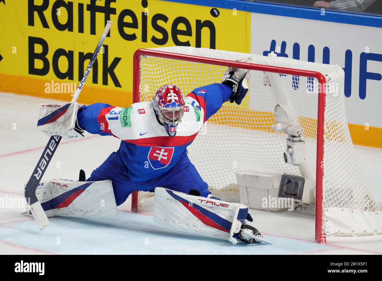 Riga, Latvia. 15th May, 2023. Slovakia's goalkeeper Samuel Hlavaj tries