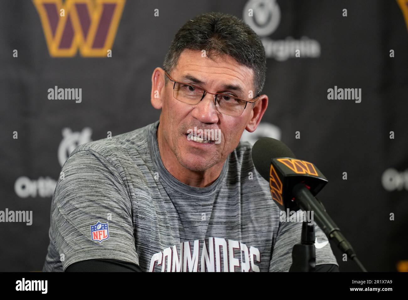 Washington Commanders head coach Ron Rivera speaks at a news conference
