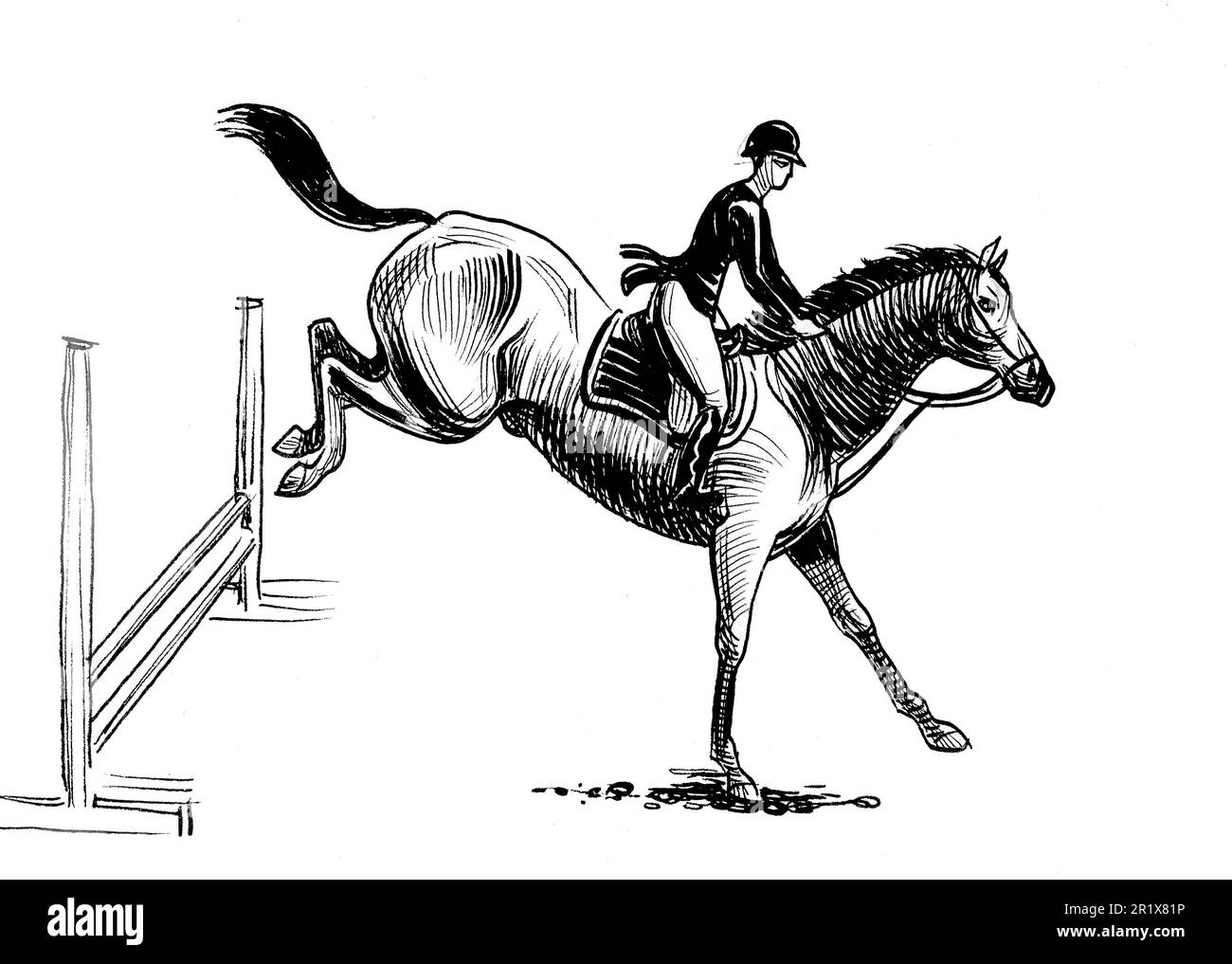 Horse jockey riding a horse. Handdrawn ink on paper black and white