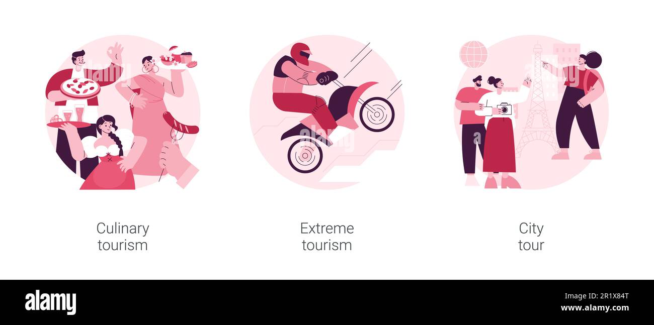 Authentic travel experience abstract concept vector illustration set. Culinary tourism, extreme sports, city tour, local cuisine, food festival, climbing mountains, sightseeing abstract metaphor. Stock Vector