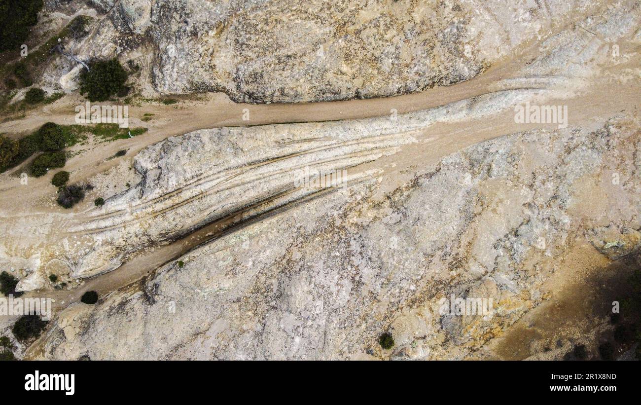 Afyonkarahisar, Turkey. 10th May, 2023. Located in the extensions of the Historical Phrygian Valley in ?hsaniye district of Afyonkarahisar, the 'Ancient Road'' attracts the attention of geologists, archaeologists and art historians from all over the world with its geological structure and mysterious wheel traces that are two meters deep.Situated in a wide geography in Eski?ehir, KÃ¼tahya, Ankara and Afyonkarahisar, the 3,000-year-oldÂ PhrygiaÂ is known for its fairy chimneys formed by the effects of rain and wind in the tuff rock structure, carved rock tombs and monuments.The historical Phr Stock Photo