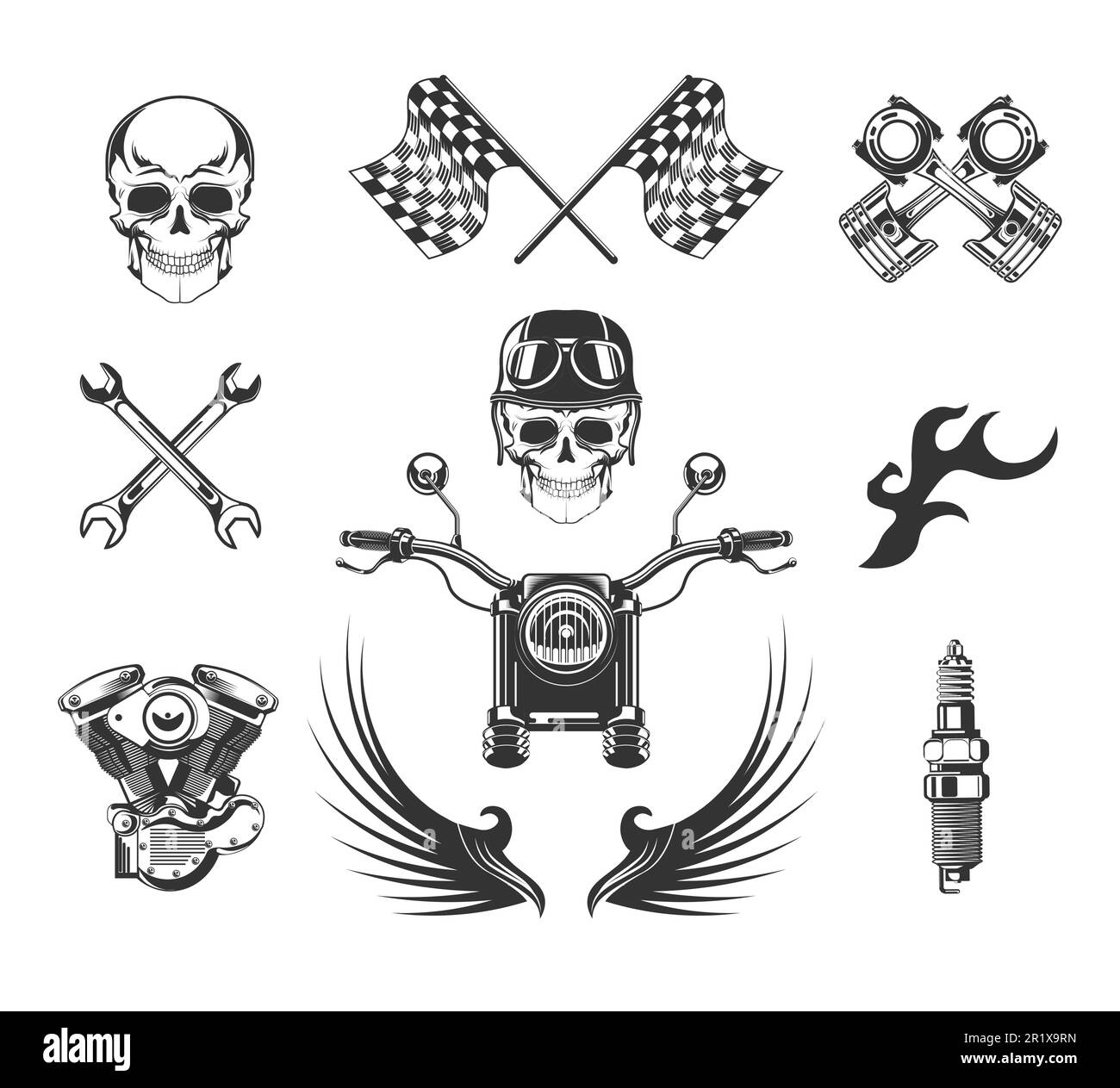 Bikers club isolated icons, motorcycle races, skulls Stock Vector