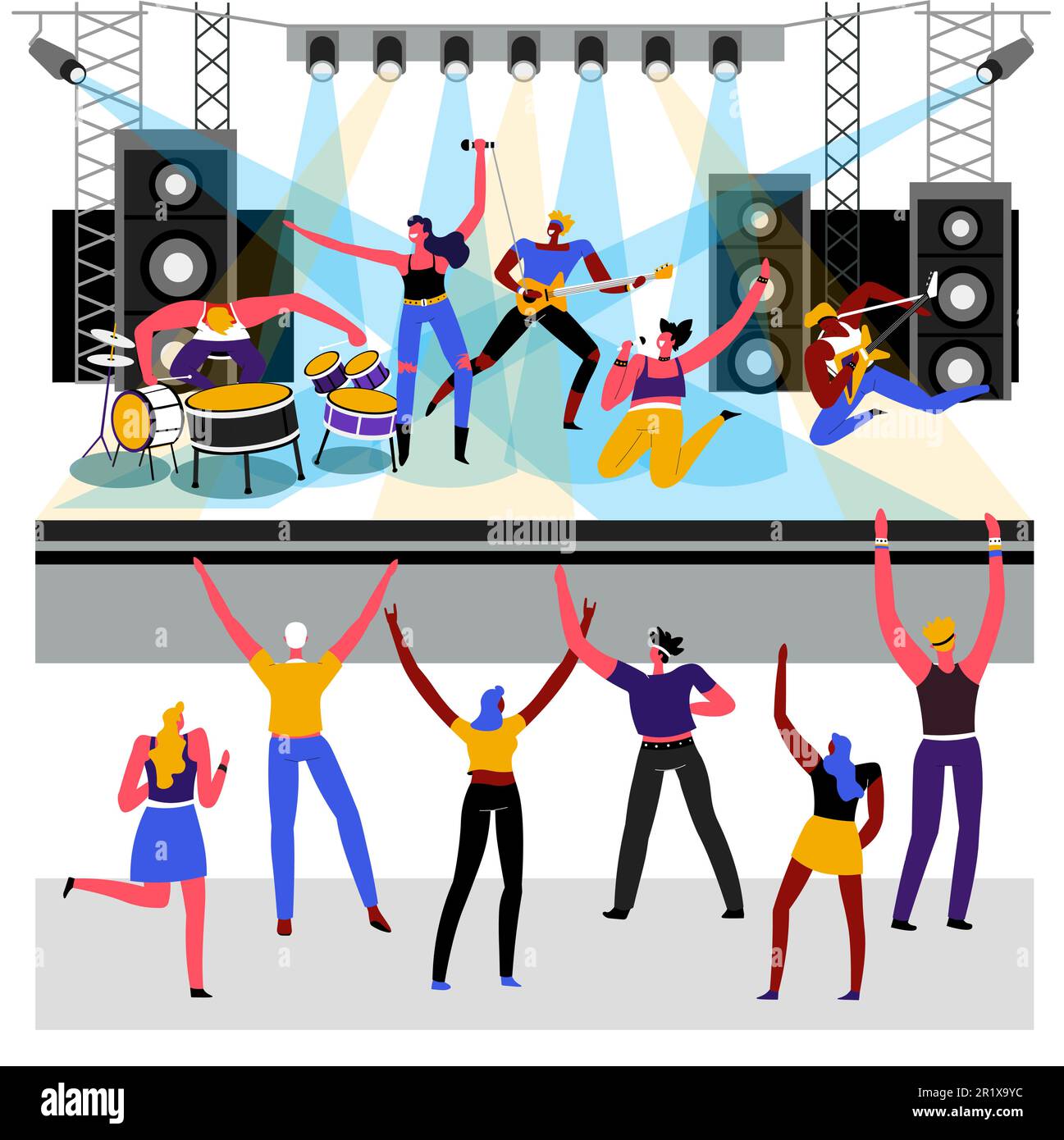 Rock music concert, rockers and fans, show on stage Stock Vector