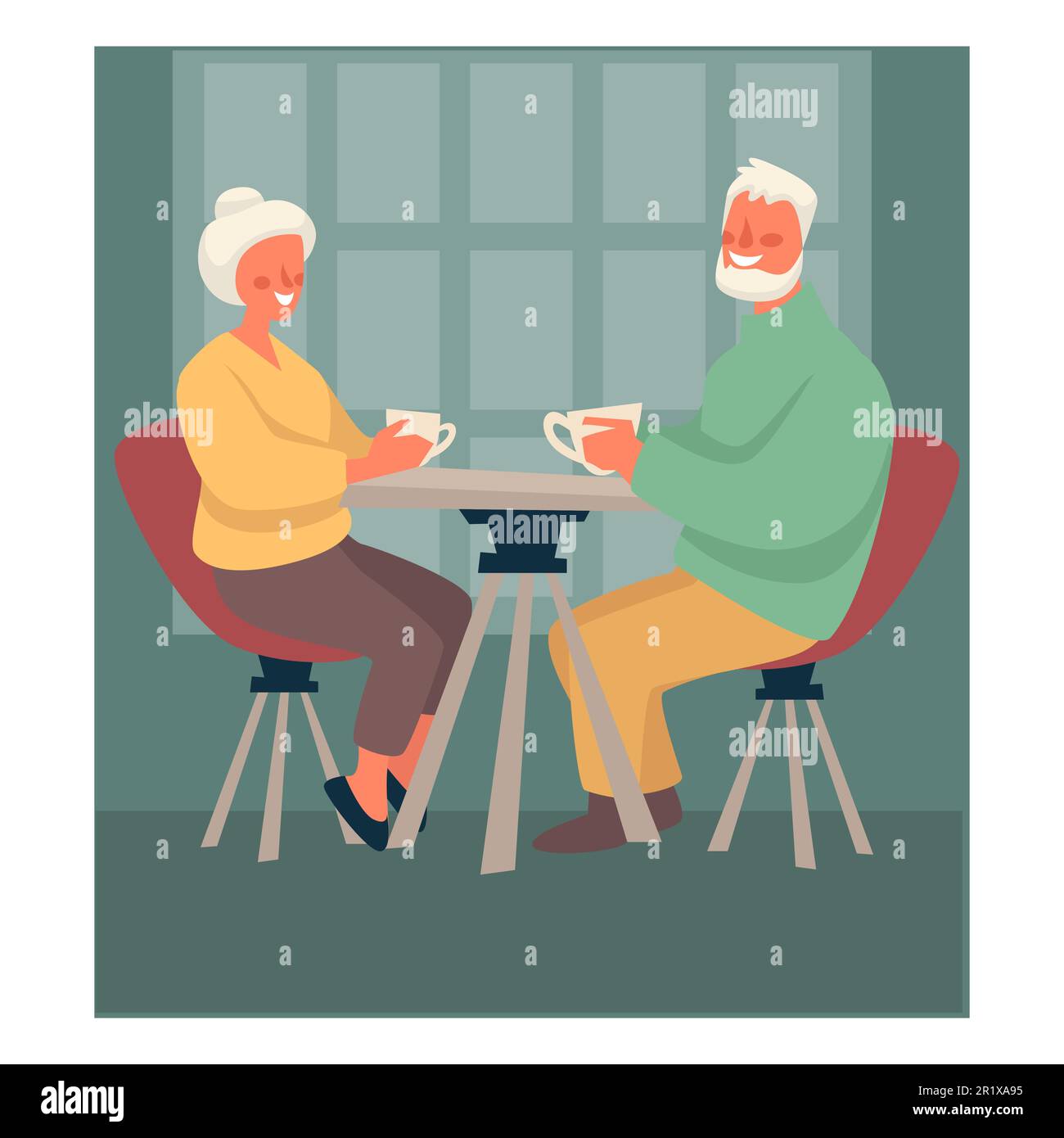 Elderly couple drinking tea at table, happy retirement Stock Vector