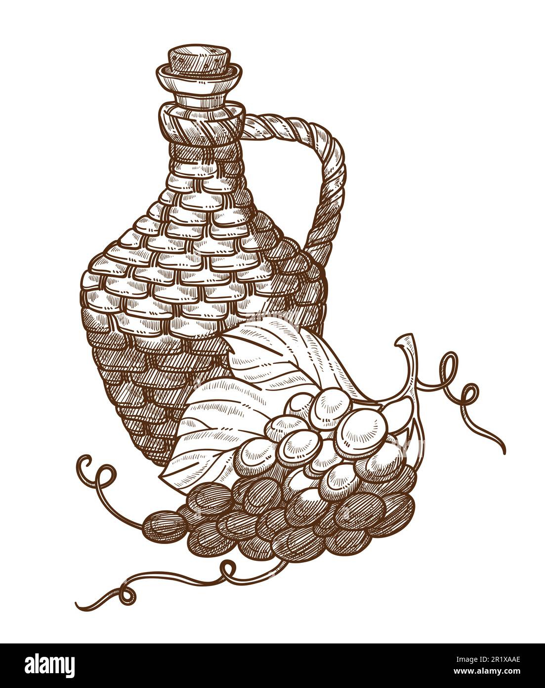 Grapes and wicker jug of wine, winemaking industry, isolated sketch