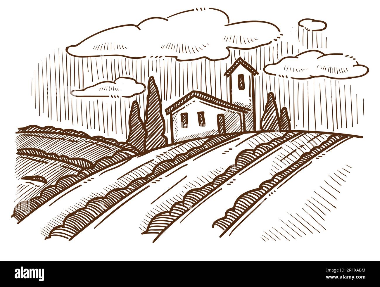Winemaking farm, house and grape plantation fields landscape sketch