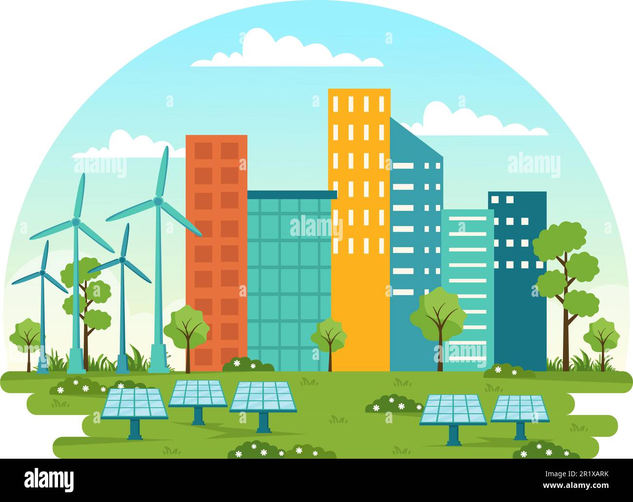 Energy Efficiency in the City Vector Illustration with Sustainable Environment for Electricity Generated From Sun and Wind in Hand Drawn Templates Stock Vector