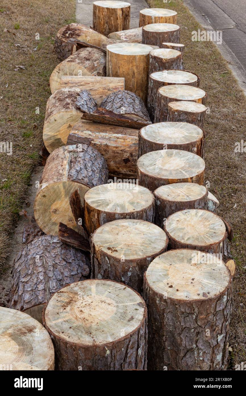 Pine Tree wood logs on ground after being cut Stock Photo
