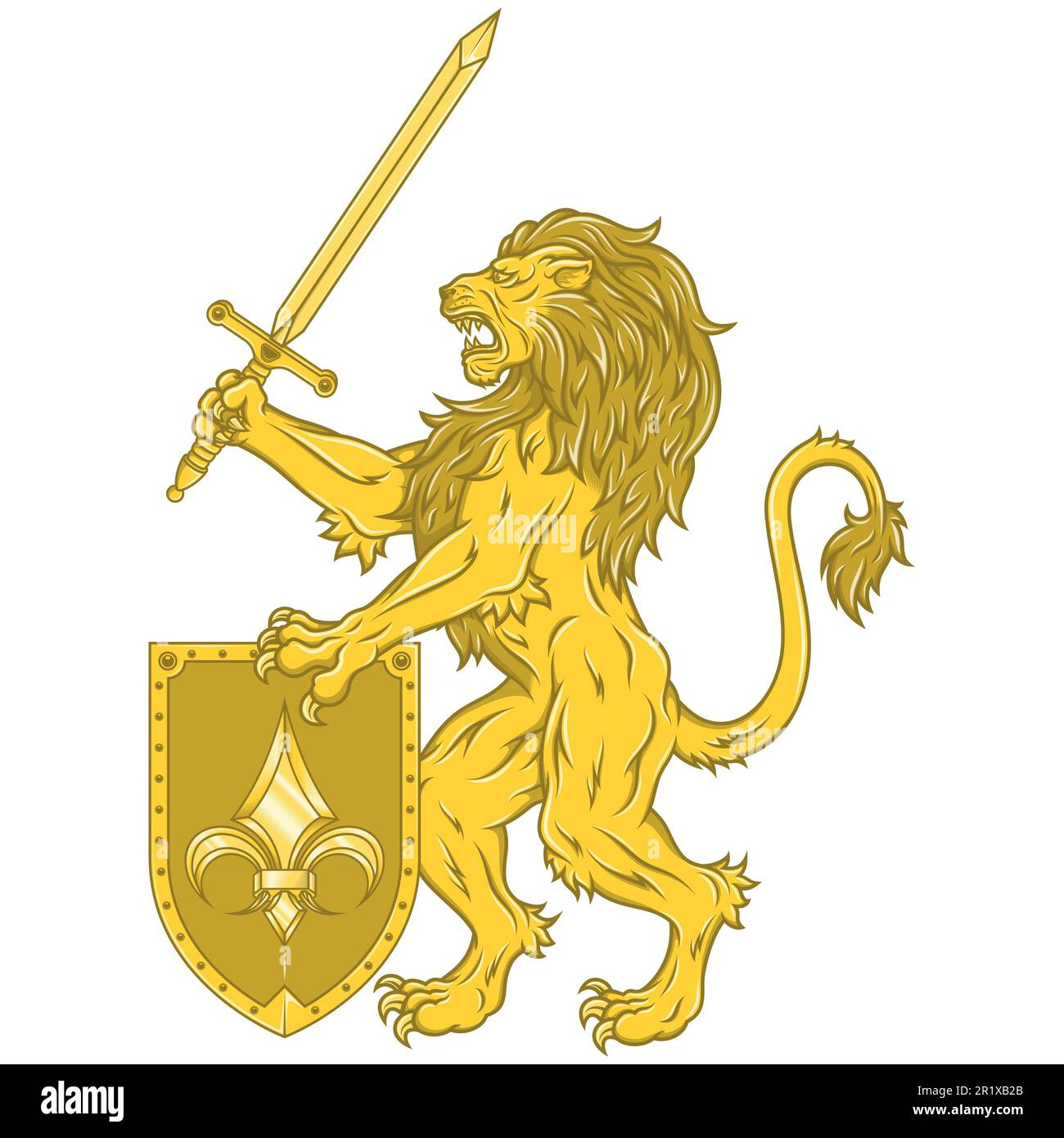 Vector design of rampant lion with sword and shield, heraldic symbol of European Middle Ages Stock Vector