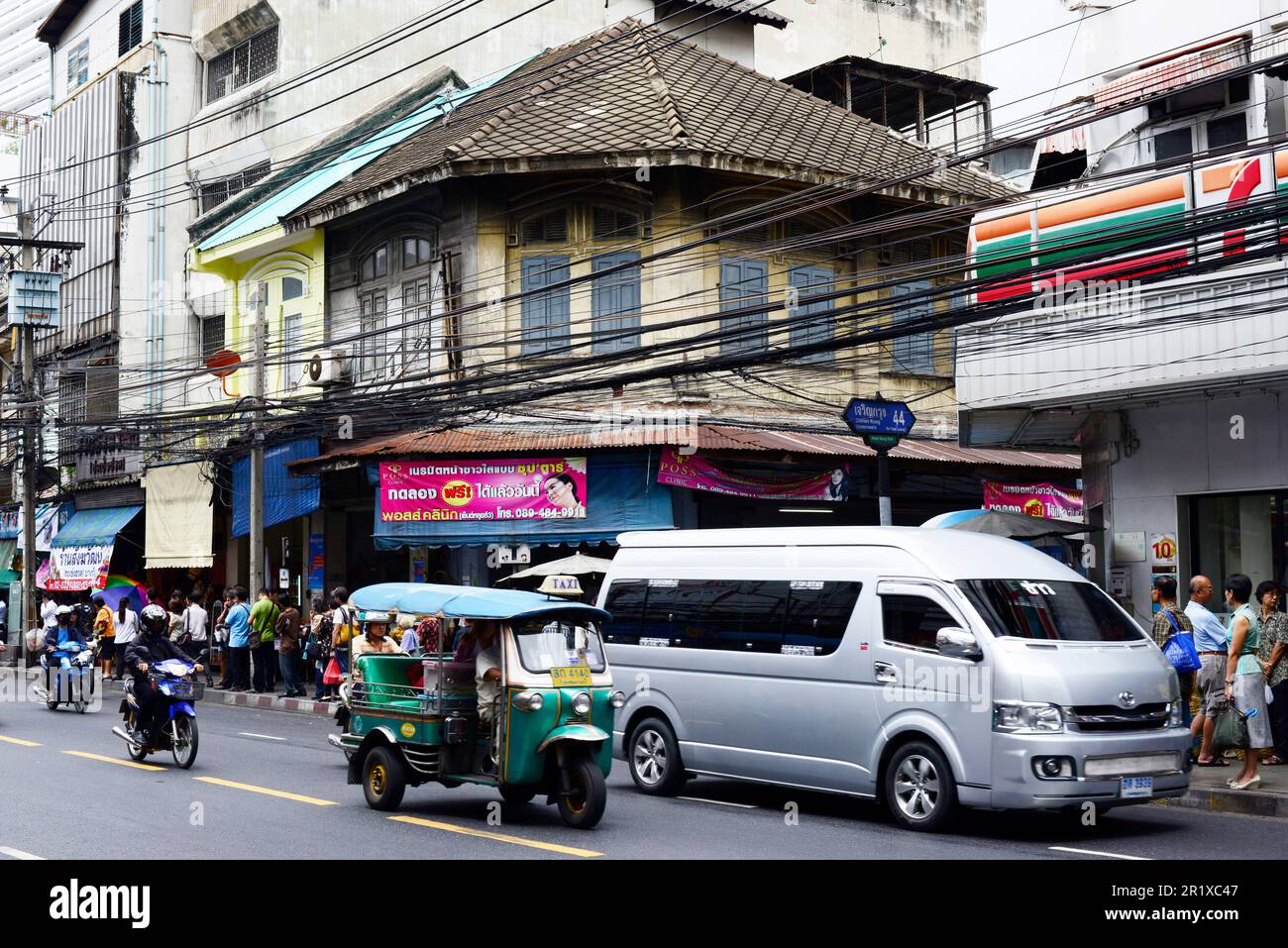 Beautiful old buildings along Chareon Krung Road in Bang Rak, Bangkok, Thailand. Stock Photo