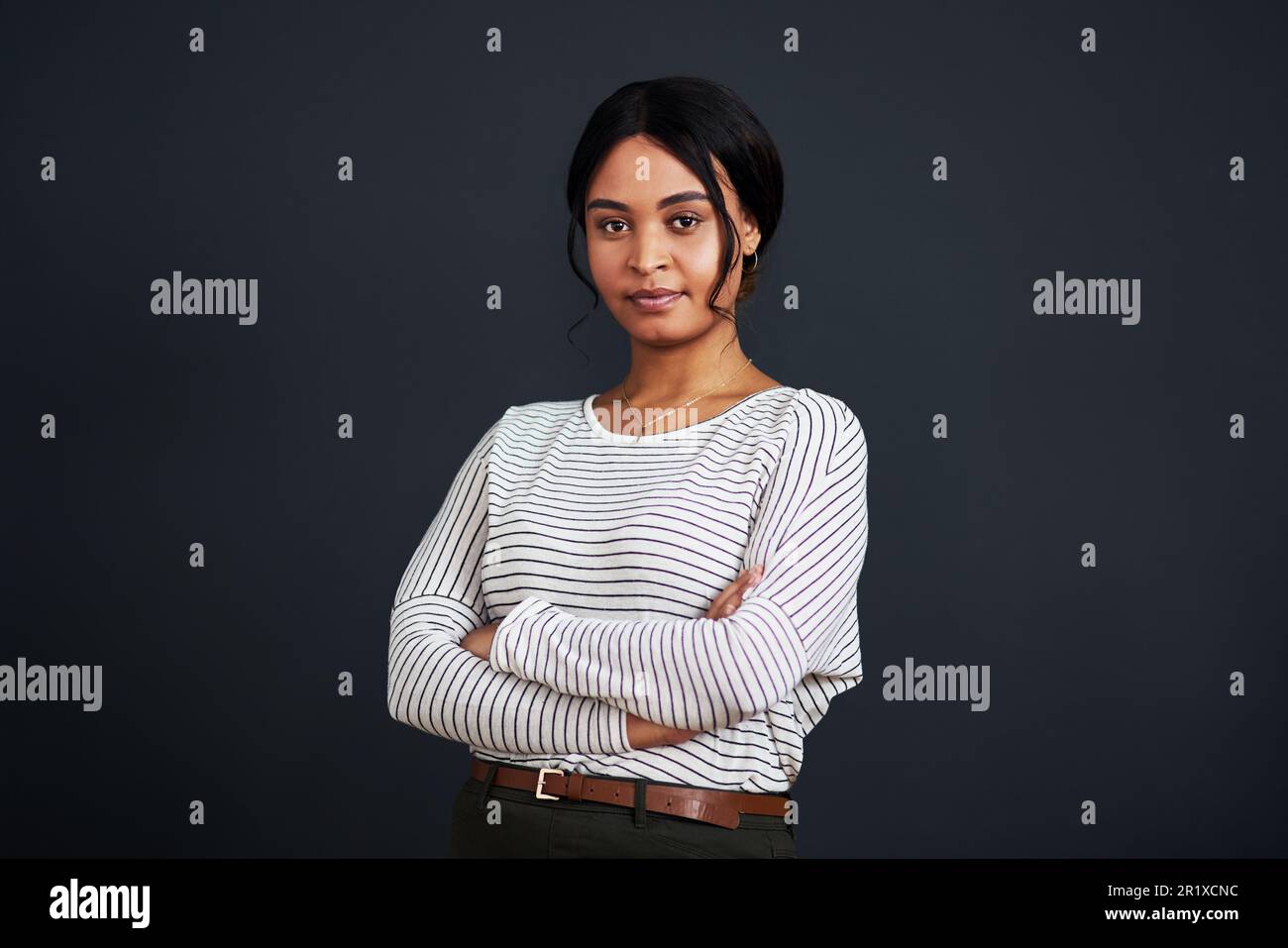 Serious, mockup and portrait of a black woman arms crossed isolated in ...