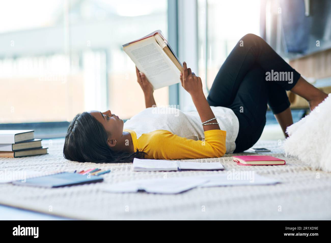 Books, relax student and woman reading literature, research or book for ...