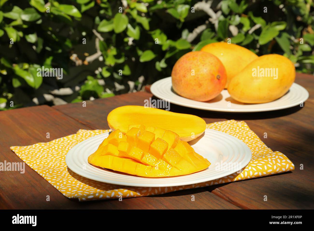 Plates with tasty mango on wooden table outdoors Stock Photo