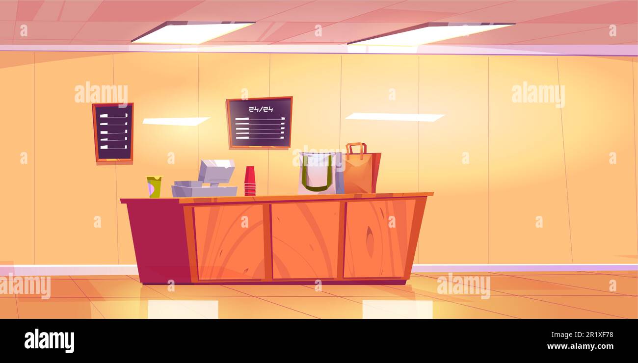 Cartoon shop counter with cash register in empty room. Vector