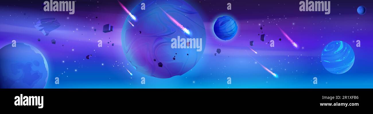 Space background with alien planets floating in sky, comets with neon ...