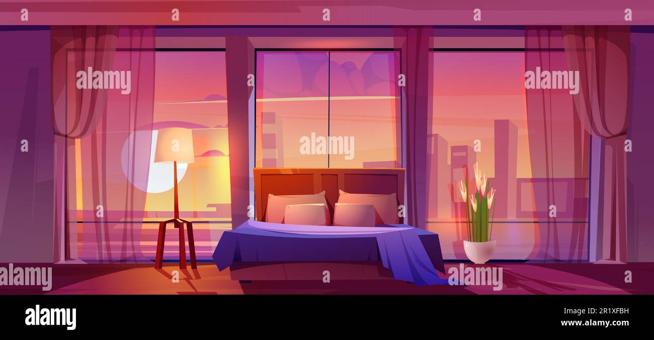 Night scene of Modern contemporary style interior bedroom design with city  view decorate with comfortable bed lamp pillows table and cold tone  background with Generative Ai 24721659 Stock Photo at Vecteezy