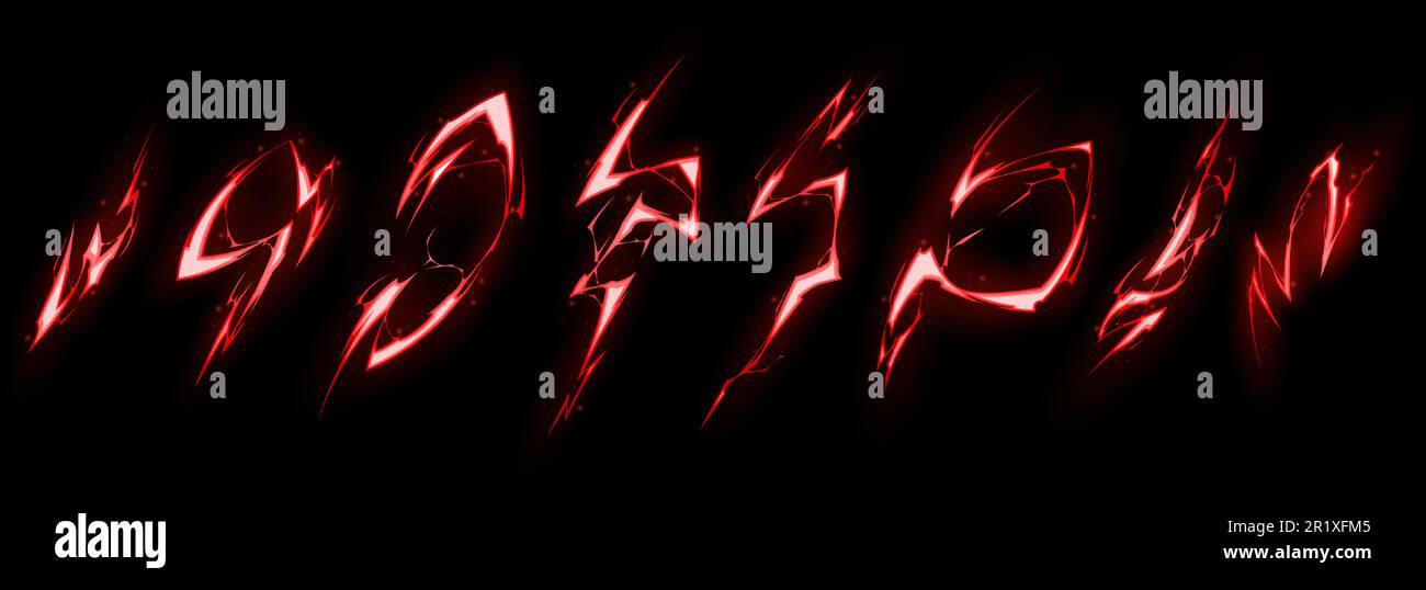 Cartoon set of red lightning strike effect isolated on black background