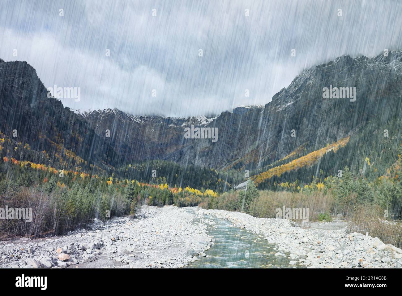 Picturesque view of river in mountains with forest on rainy day Stock ...