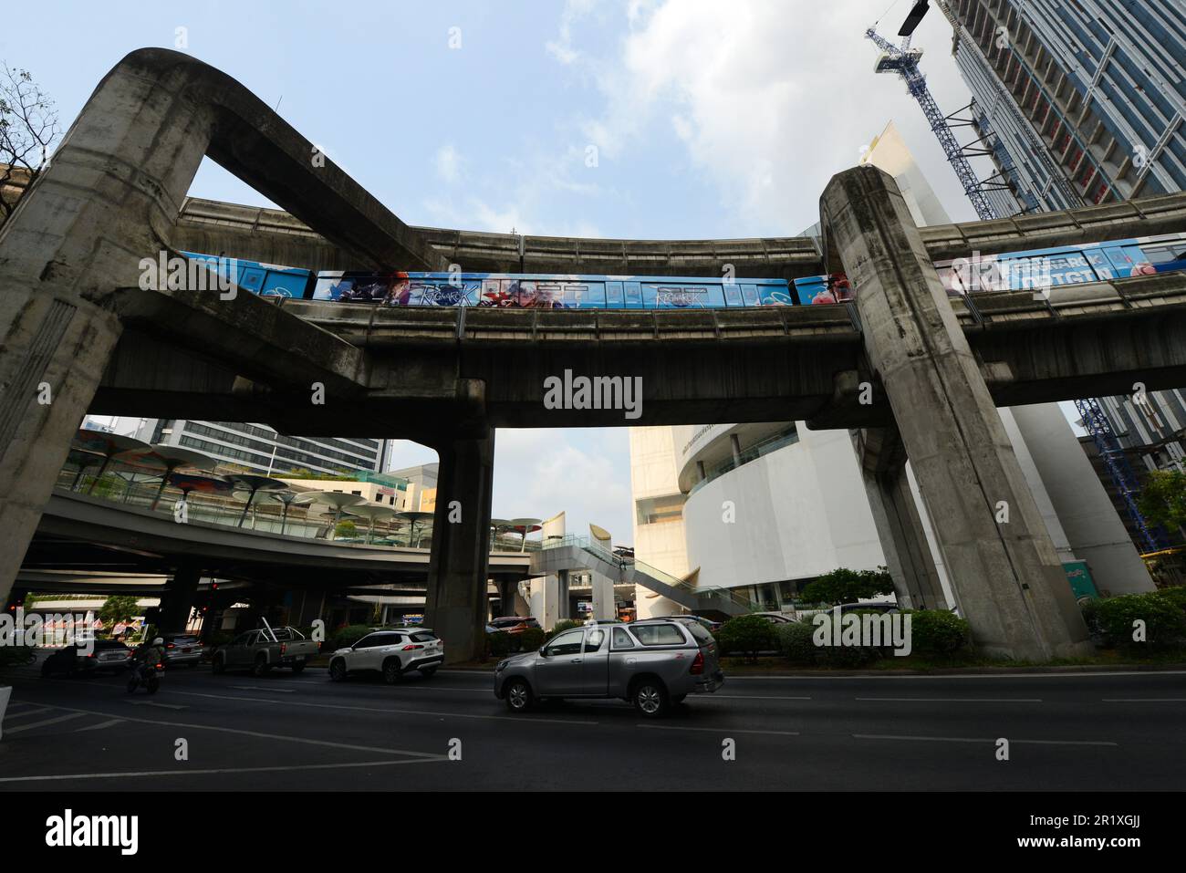 The BTS Skytrain near Siam Square on Phaya Thai Road in central Bangkok, Thailand. Stock Photo