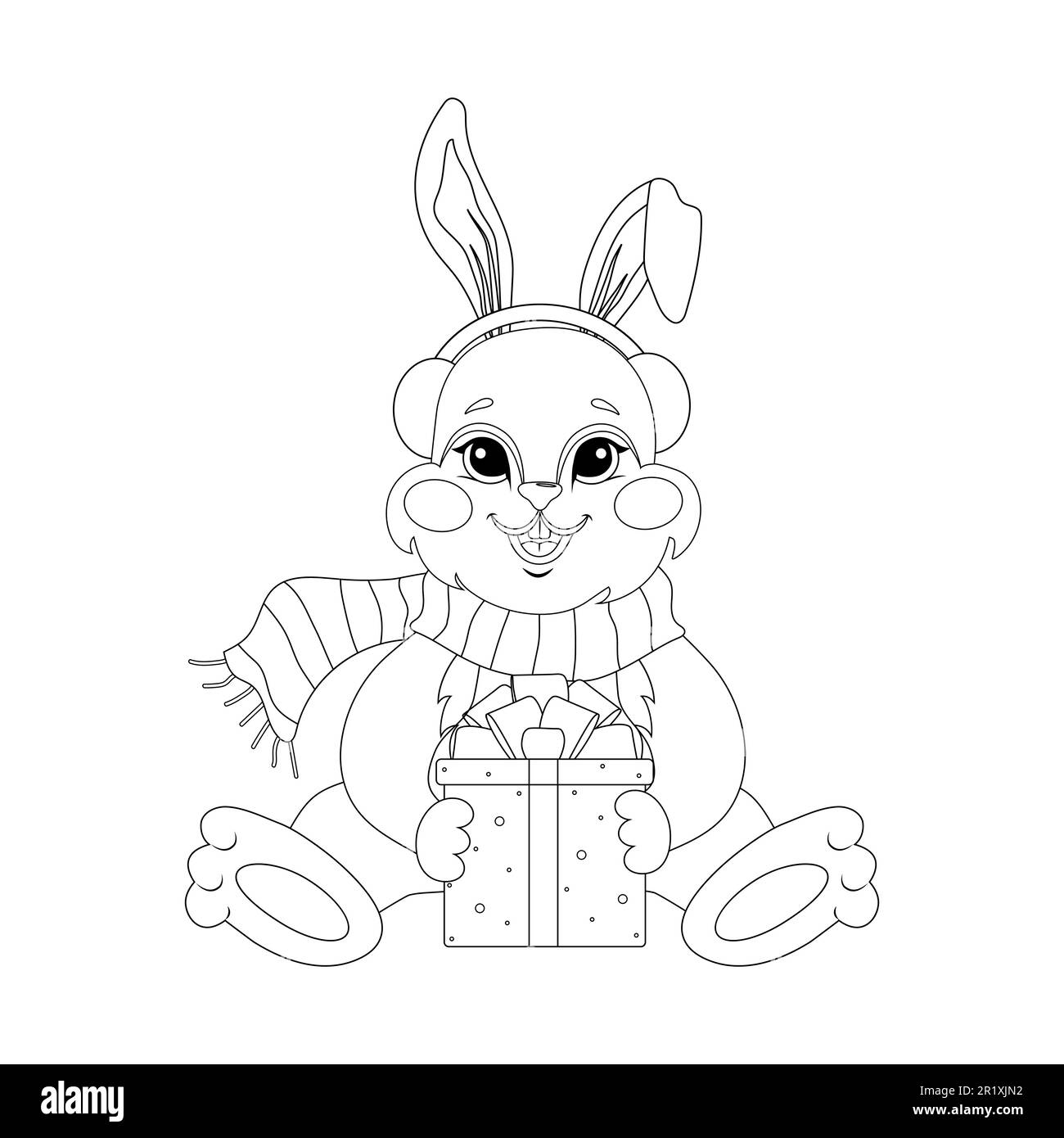Cute bunny for coloring book. Christmas rabbit with gift box. Black and white coloring page. Isolated vector outline illustration. Children education Stock Vector