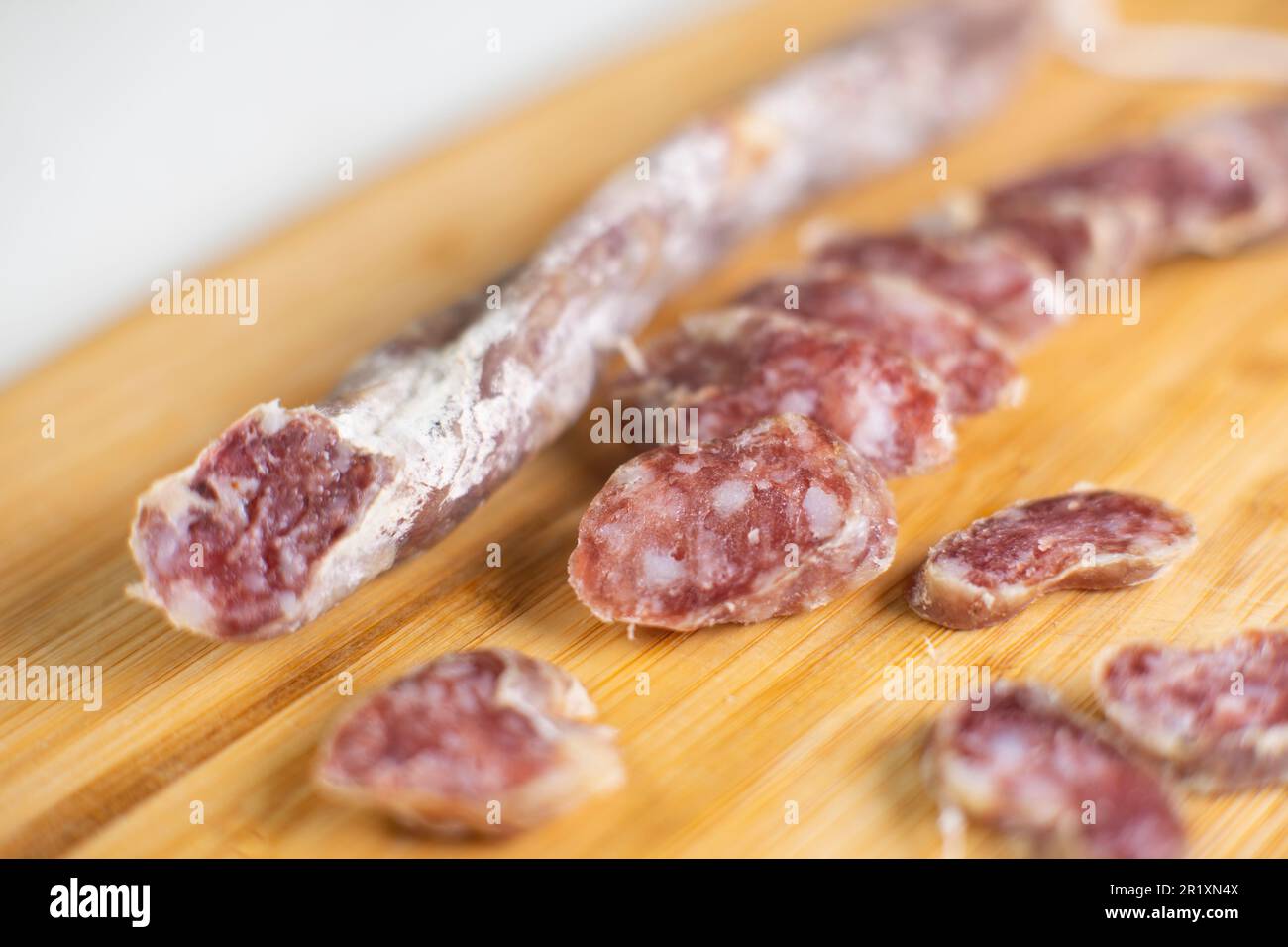 Fuet is a sausage made from lean pork typical of Catalan cuisine, spread throughout the rest of Spain Stock Photo