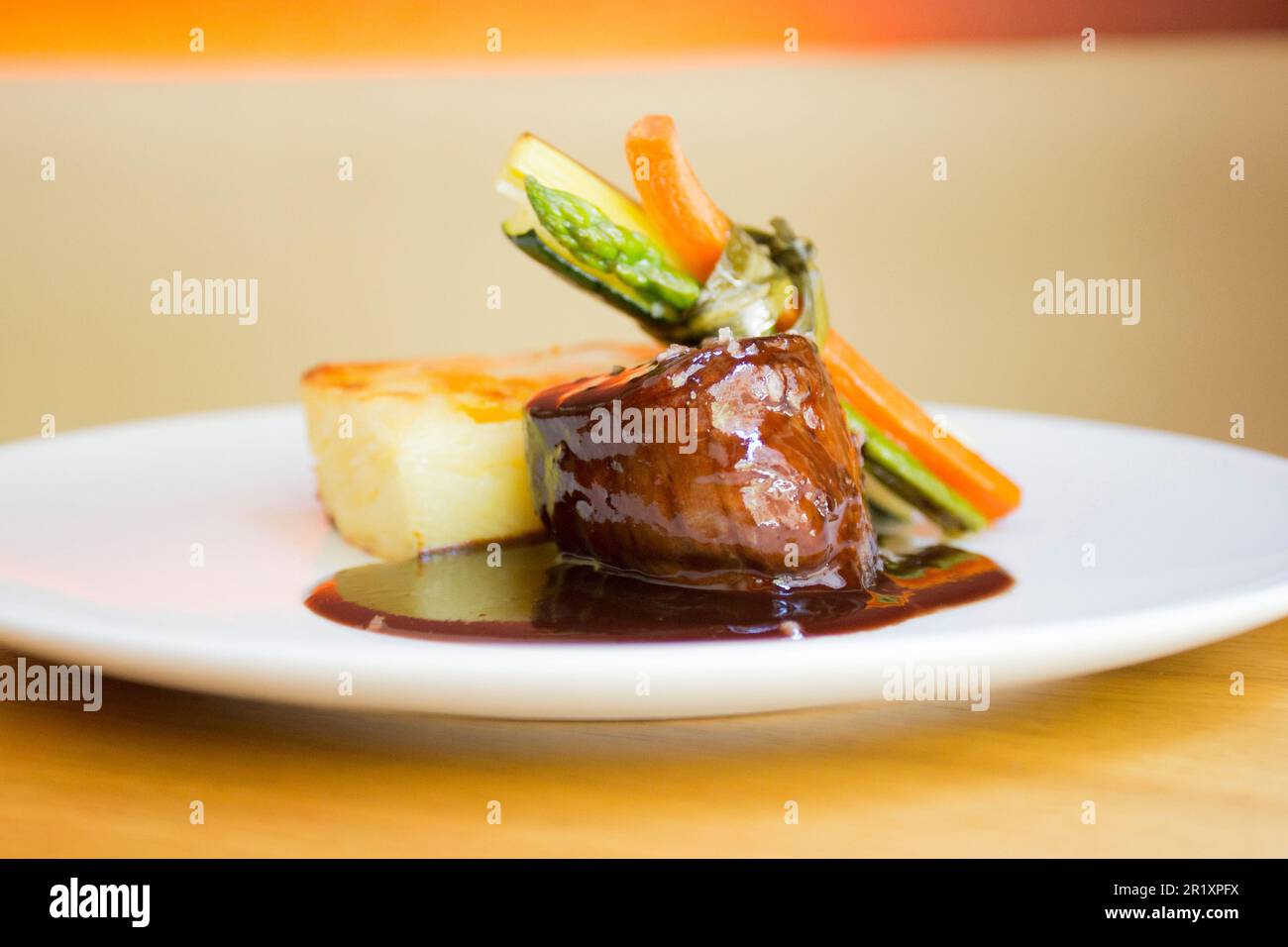 Beef tenderloin served with vegetables in a luxury restaurant in Spain