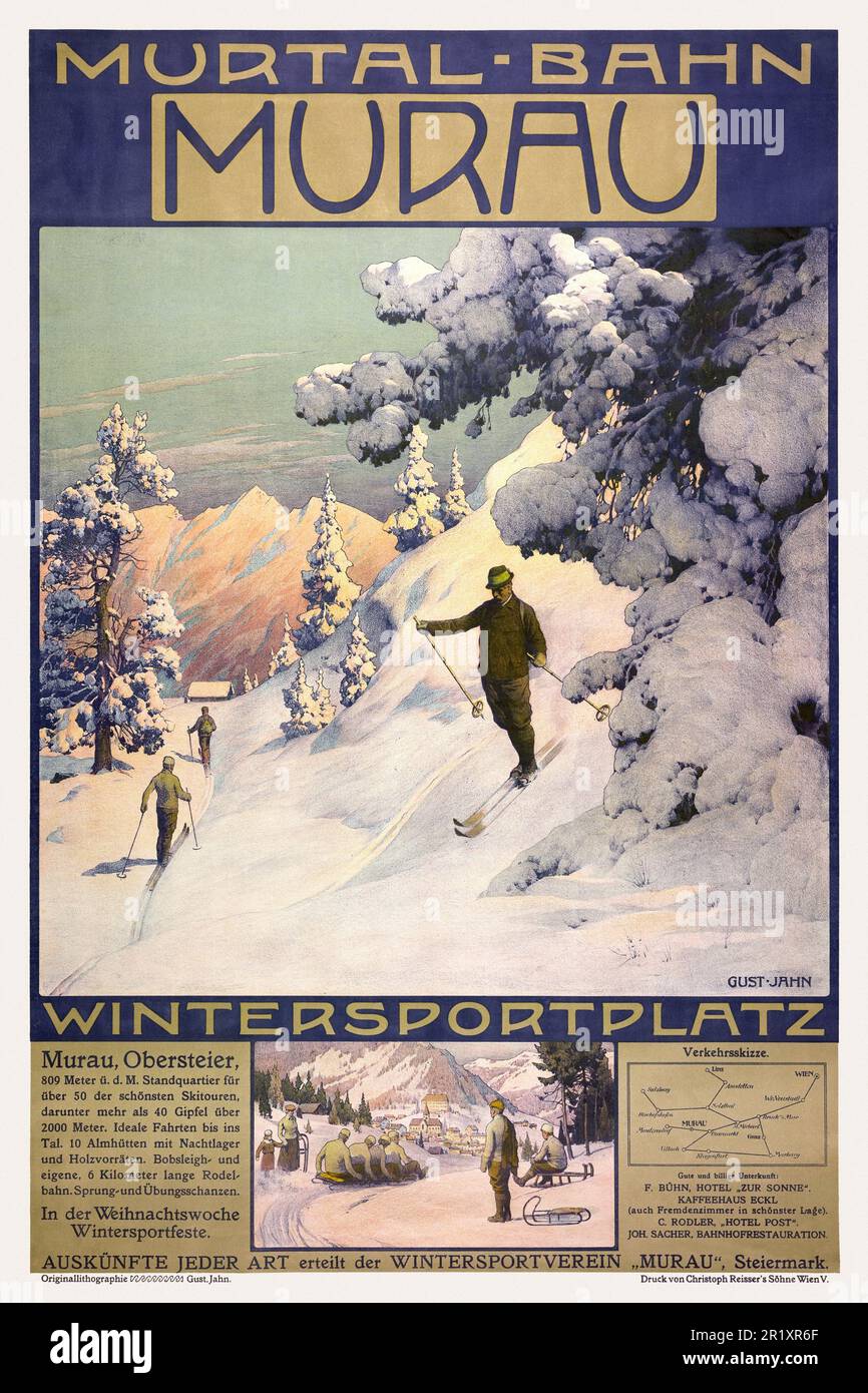 Murtalbahn. Murau. Wintersportplatz by Gustav Jahn (1879-1919). Poster published in 1907 in Austria. Stock Photo