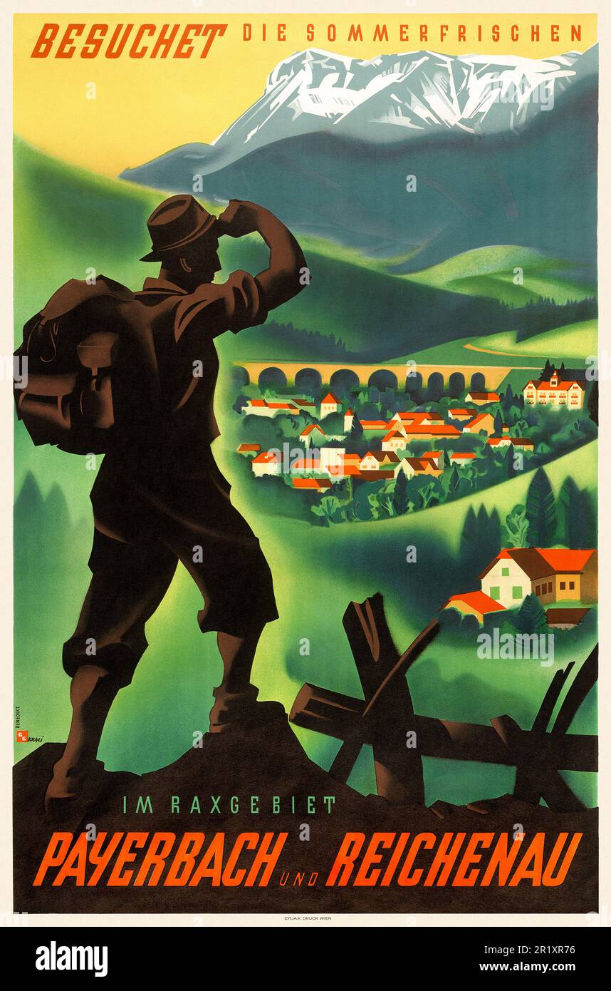 Besuchet die Sommerfrischen. Im Raxgebiet. Payerbach und Reichenau by Elisabeth Benedikt & Franz Kralicek (dates unknown). Poster published in 1938 in Austria. Stock Photo