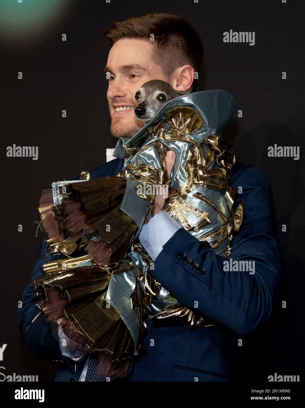 New York, USA. 15th May, 2023. Thomas Shapiro and Tika the Iggy arrive