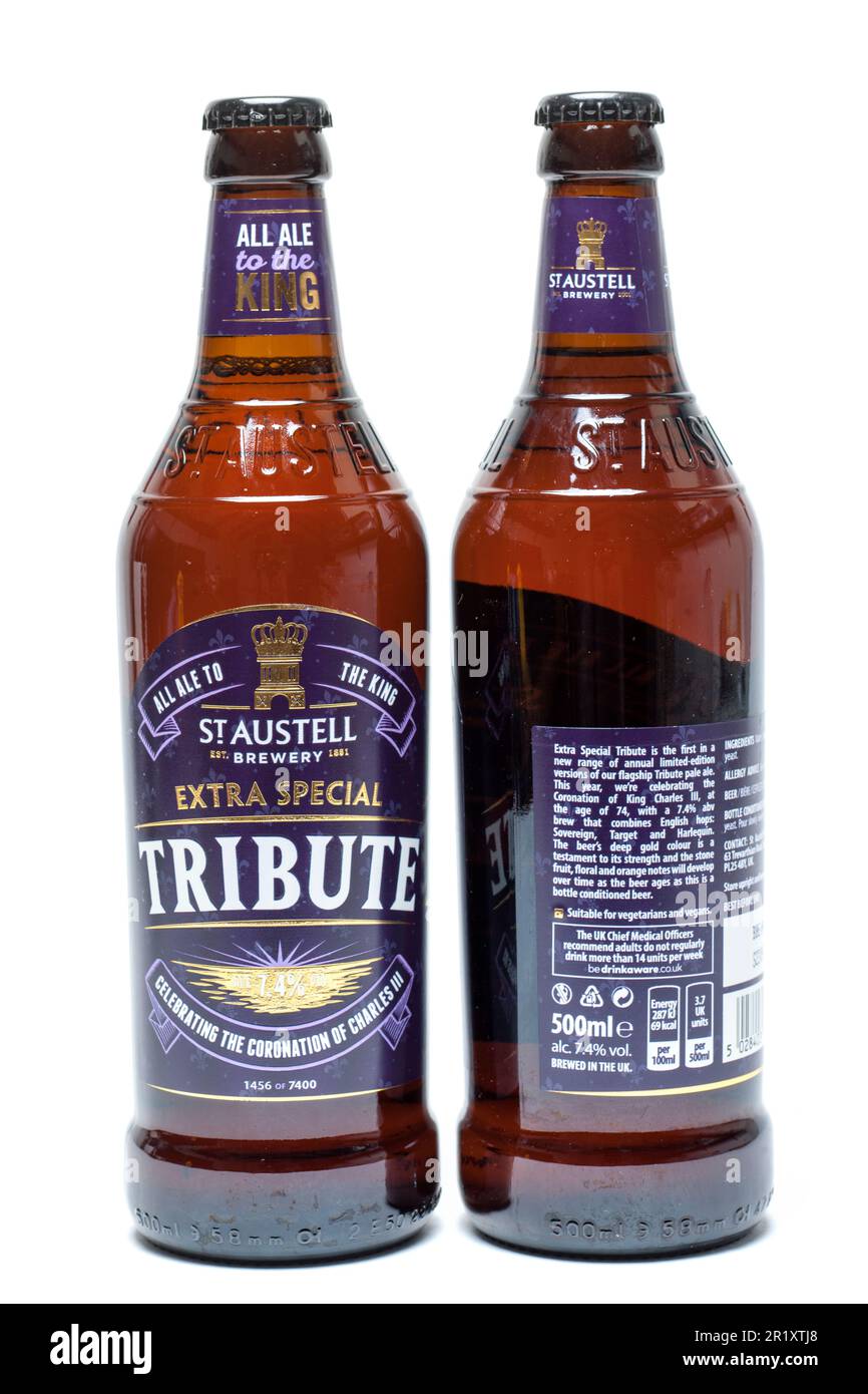 Two Extra Special Tribute Bottled Conditioned Pale Ale  beers at 7.4 percent Vol from St Austell Brewery Tribute to King Charles at 74 Coronation Stock Photo