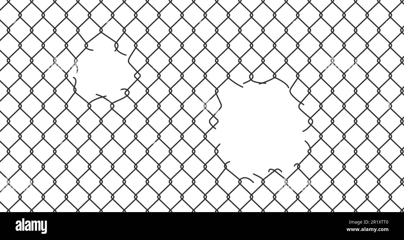 Broken wire mesh fence. Rabitz or chain link fence with cut hole. Torn