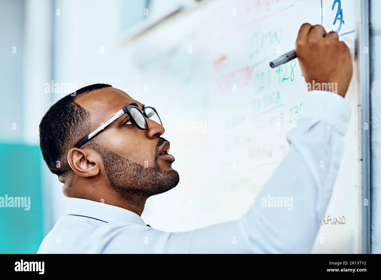 Writing, whiteboard and business man planning, brainstorming and job