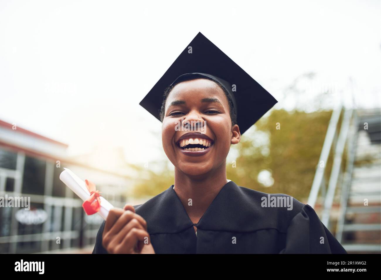 Portrait, smile and black woman with certificate, graduation and ...