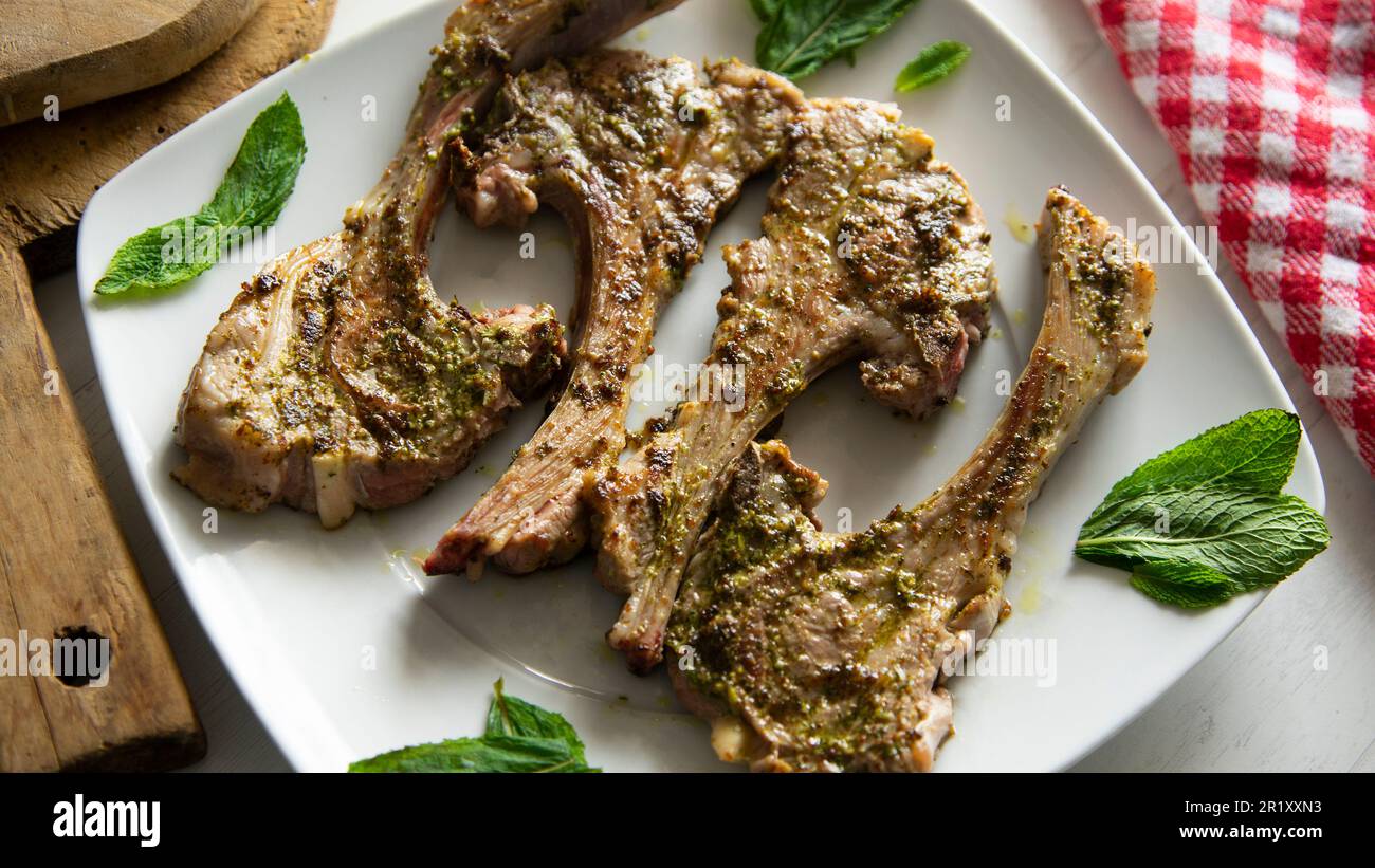 Lamb chops braised and marinated with mint Stock Photo Alamy