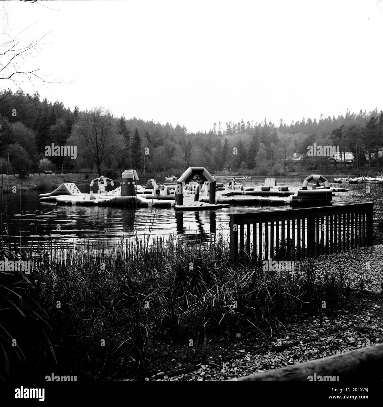 Inflatable assault course on the lake at Center Parcs, Longleat
